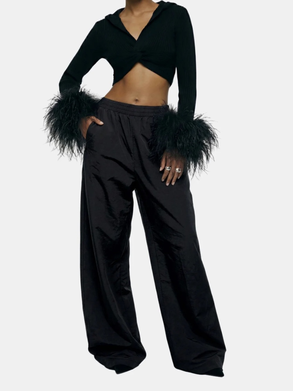 Hanifa Black Wide-Leg Satin Joggers
